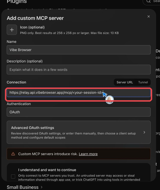 The ChatGPT Add custom MCP server form — the one setup Dots reuses