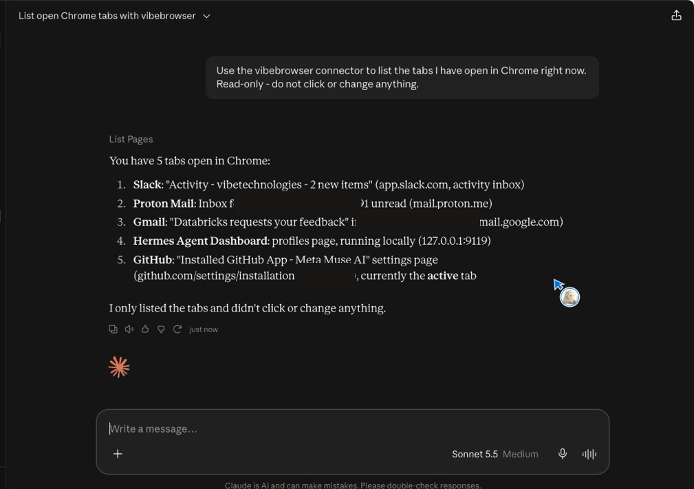 Claude using the vibebrowser connector in a chat — it called List Pages and answered with the real open Chrome tabs