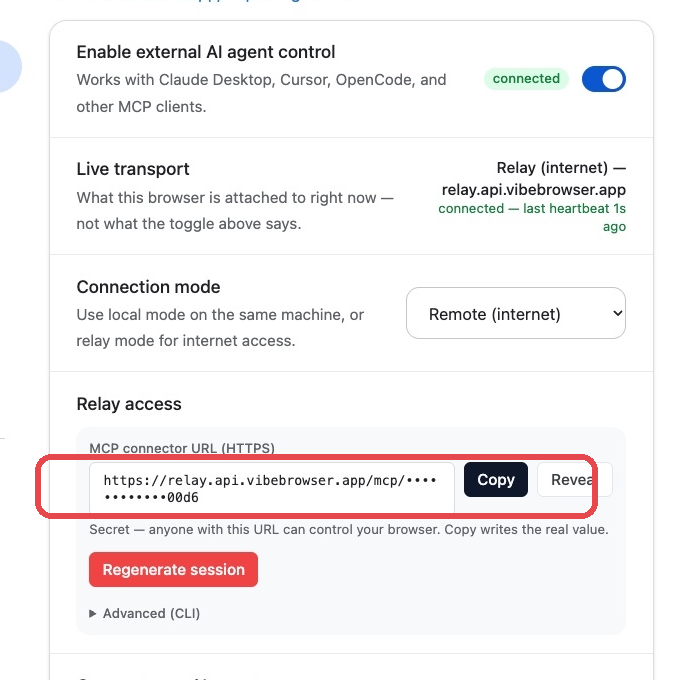 Vibe extension Settings, AI Agent Control section, with the masked Agent connection URL and its Copy button